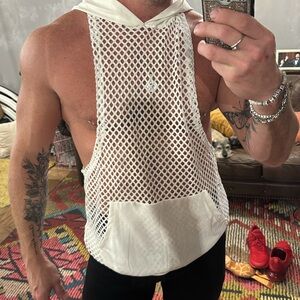 Sexy men’s sheer fishnet, white hooded tank top with pocket